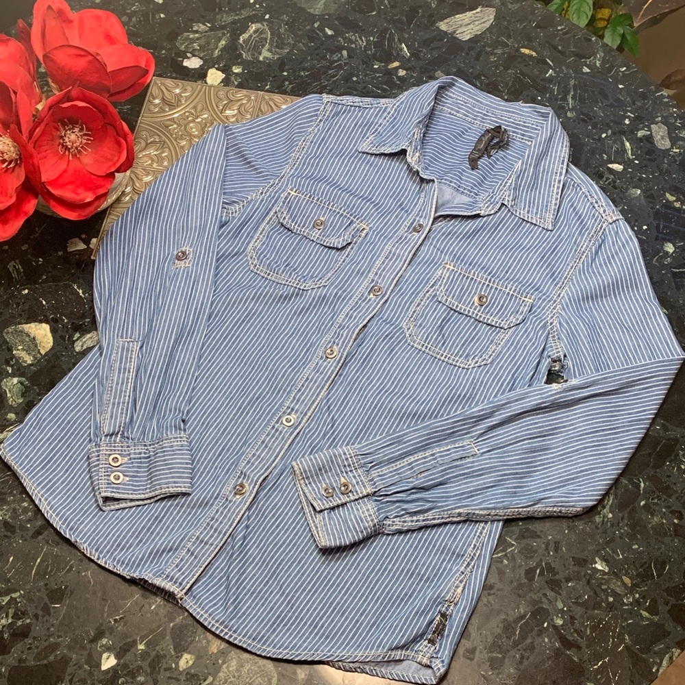 🌹VINTAGE SEVEN7 • JEANS Blue DENIM Striped BUTTON DOWN Y2K Casual Shirt
